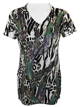 California Bloom Print Short Sleeve Top accented with White & Green Rhinestones