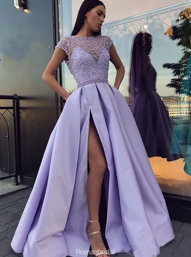 Charming Lavender Beading Cap Sleeves Long Prom Dresses, PD0670