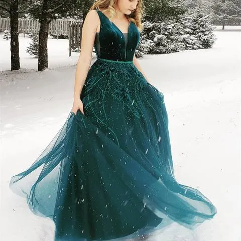 Charming Princess V Neck Dark Green Long Prom Dresses With Applique, TYP1720