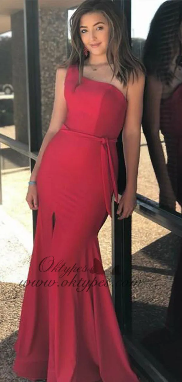 Charming Red One Shoulder Long Mermaid Prom Dresses with Split, TYP1595