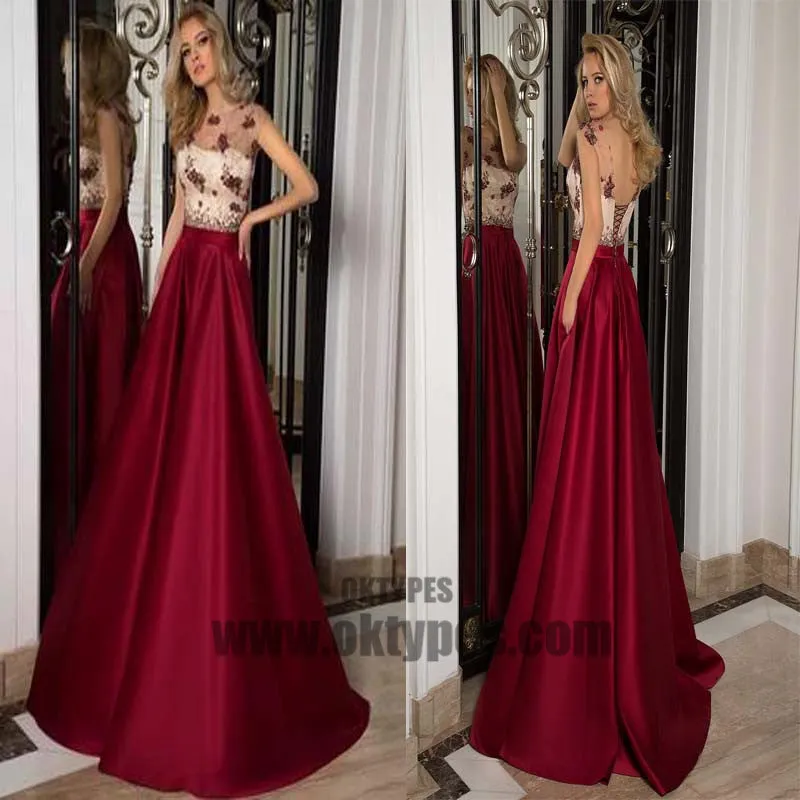 Claret A-line Long Floor Length Prom Dresses, Appliques Prom Dresses, Short Sleeve Prom Dresses, Backless Lace Up Prom Dresses, TYP0276