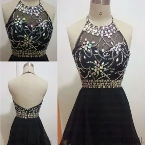 Cute Black Chiffon Rhinestone Sexy Backless Homecoming Dresses, SF0046