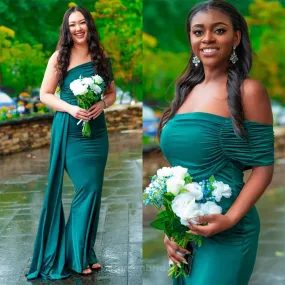 Elegant Off the Shoulder Mermaid Jersey Emerald Bridesmaid Dresses with Trailing, BG509