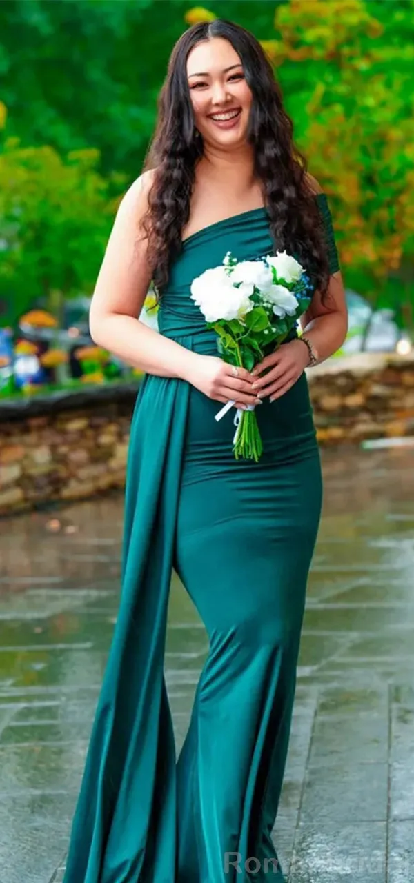 Elegant Off the Shoulder Mermaid Jersey Emerald Bridesmaid Dresses with Trailing, BG509