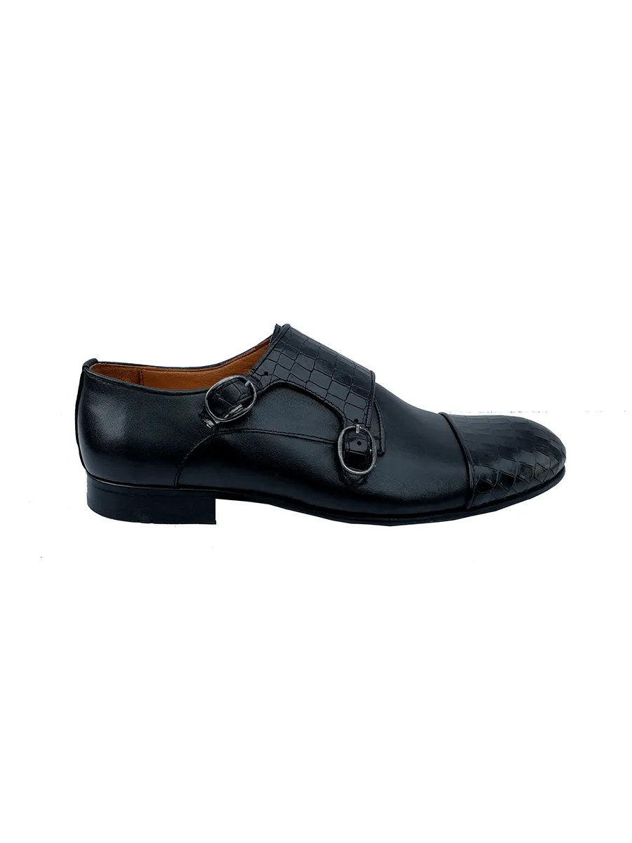 Federico Luciani Black Double Monk Leather Shoe Men