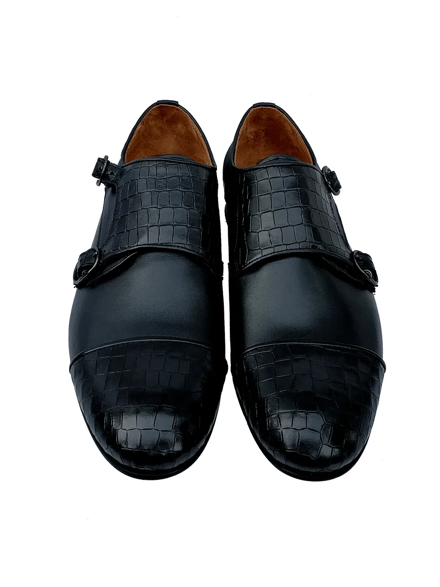 Federico Luciani Black Double Monk Leather Shoe Men