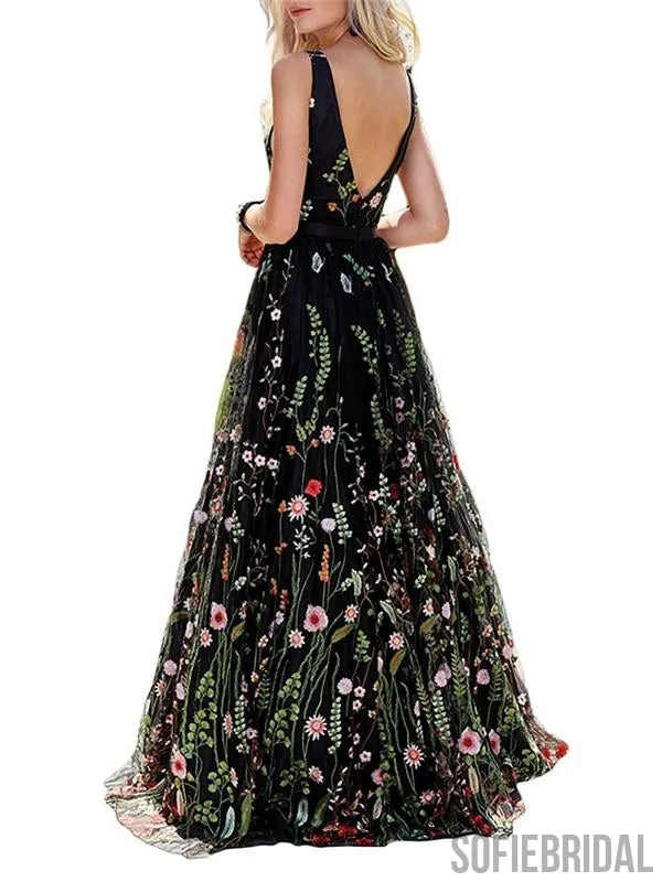 Floral Prom Dresses, A-line Prom Dresses, V-neck Prom Dresses, Long Prom Dresses, PD0695