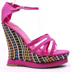 Fuchsia Faux Leather Strappy Woven Platform Wedge