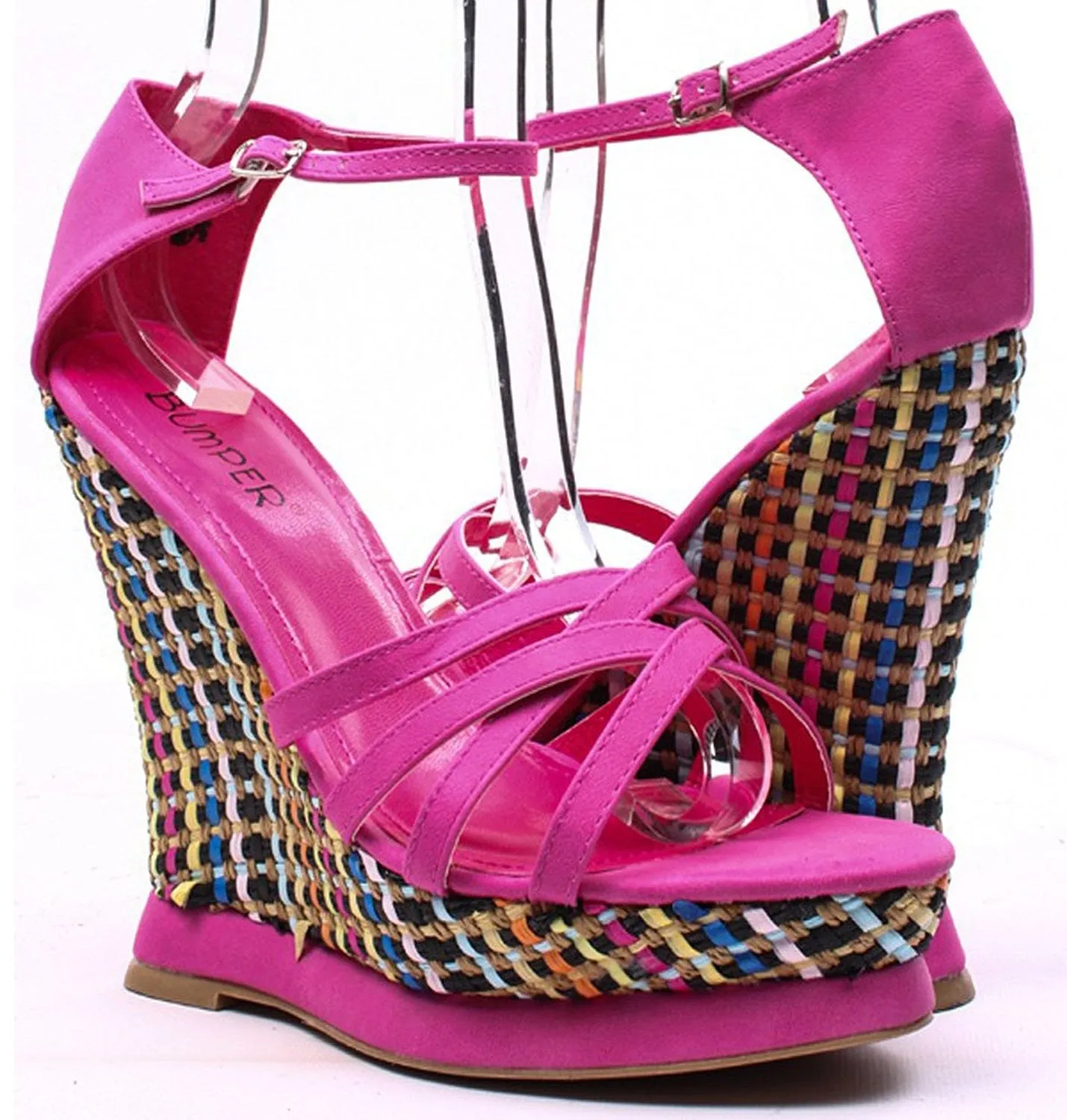 Fuchsia Faux Leather Strappy Woven Platform Wedge