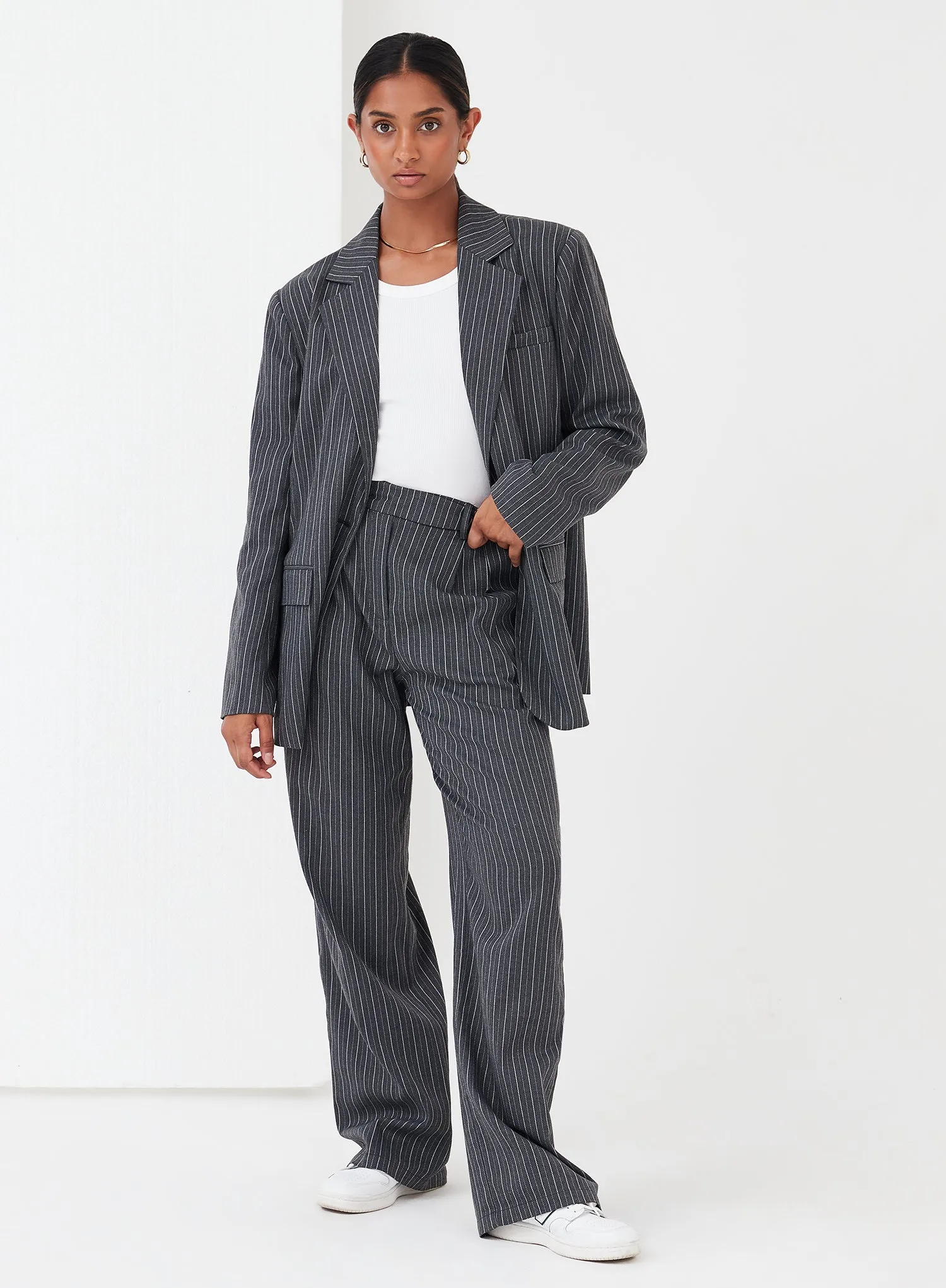 Grey Pinstripe Tailored Blazer - Freja