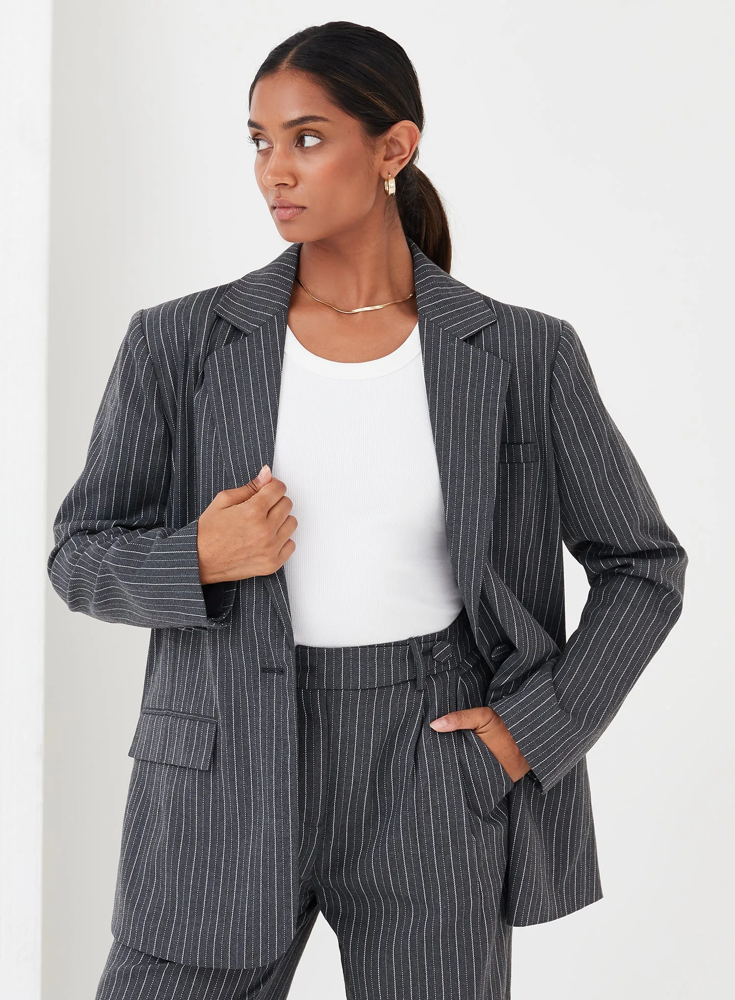 Grey Pinstripe Tailored Blazer - Freja