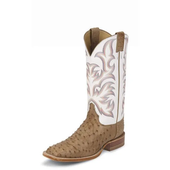 Justin Men's (8572) AQHA Remuda Series 13" White/Tan Full Quill Ostrich Square Toe Pull-Ons