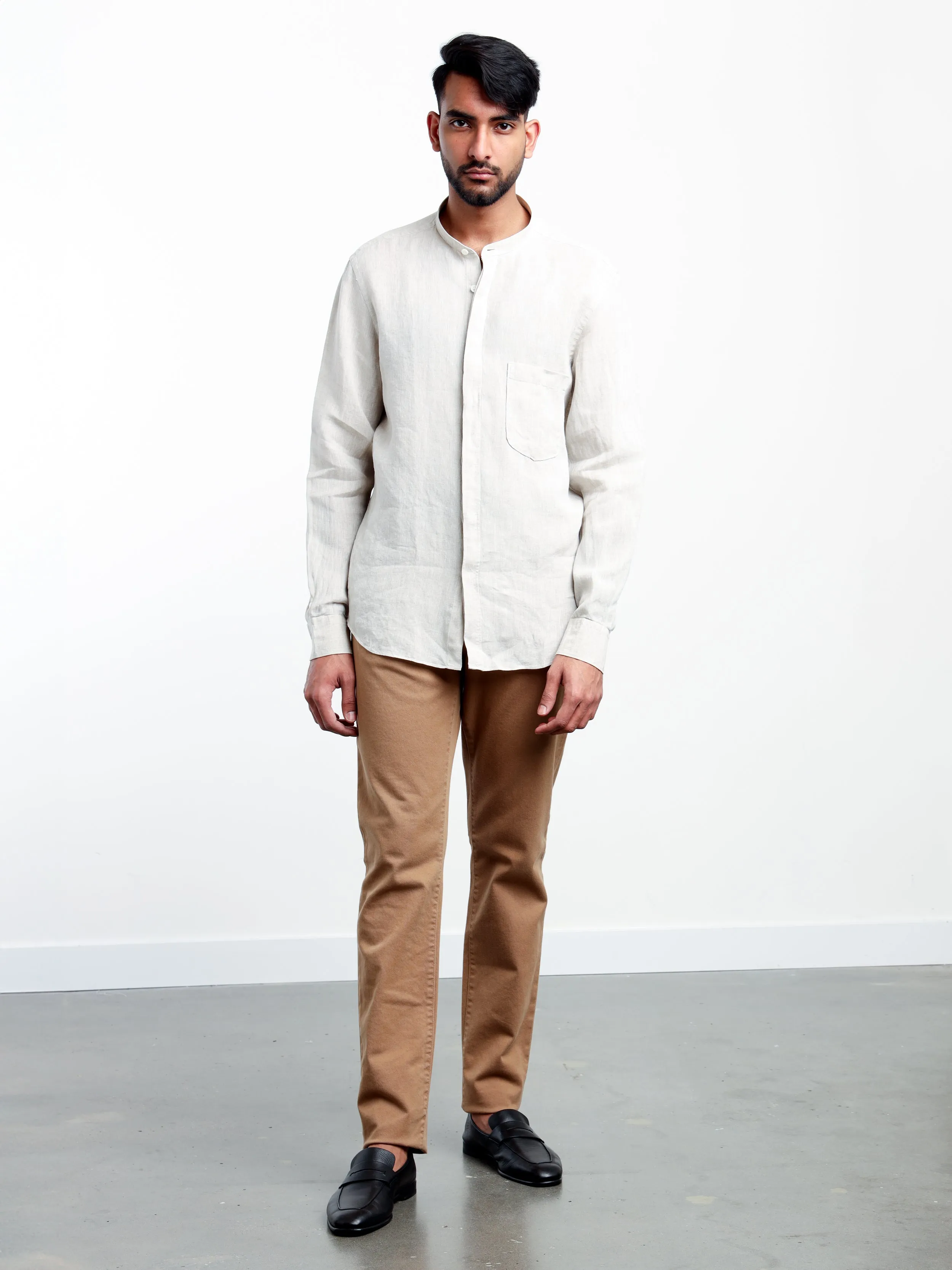 Light Brown Linen Dress Shirt with Band Collar