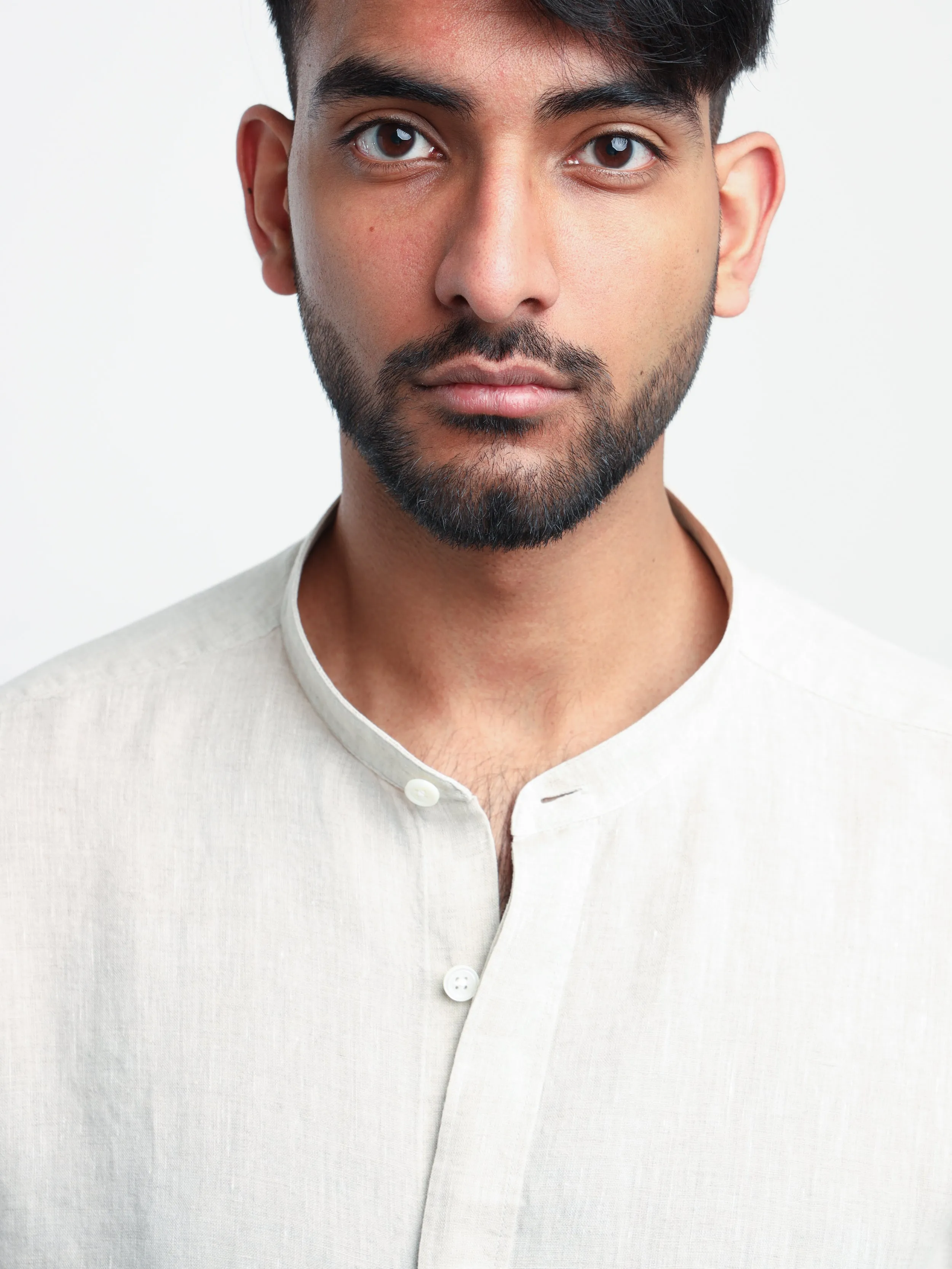 Light Brown Linen Dress Shirt with Band Collar