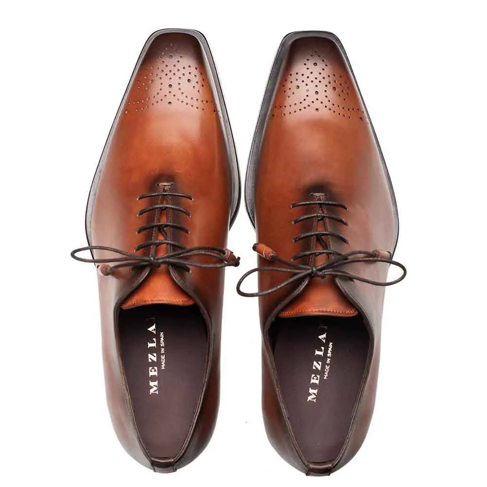 Mezlan Cupula Patina Tan Calfskin Leather Whole-Cut Oxford Shoes