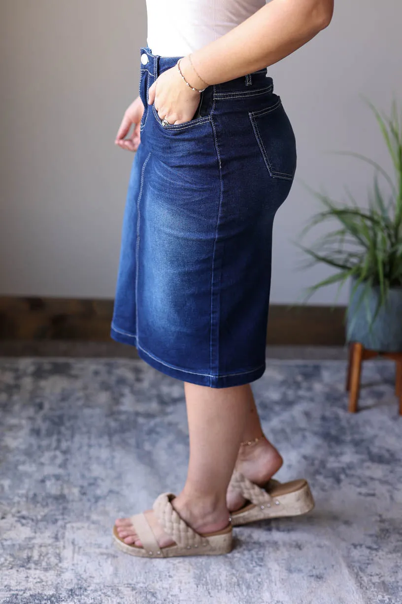 Mia Dark Wash Solid Midi Skirt