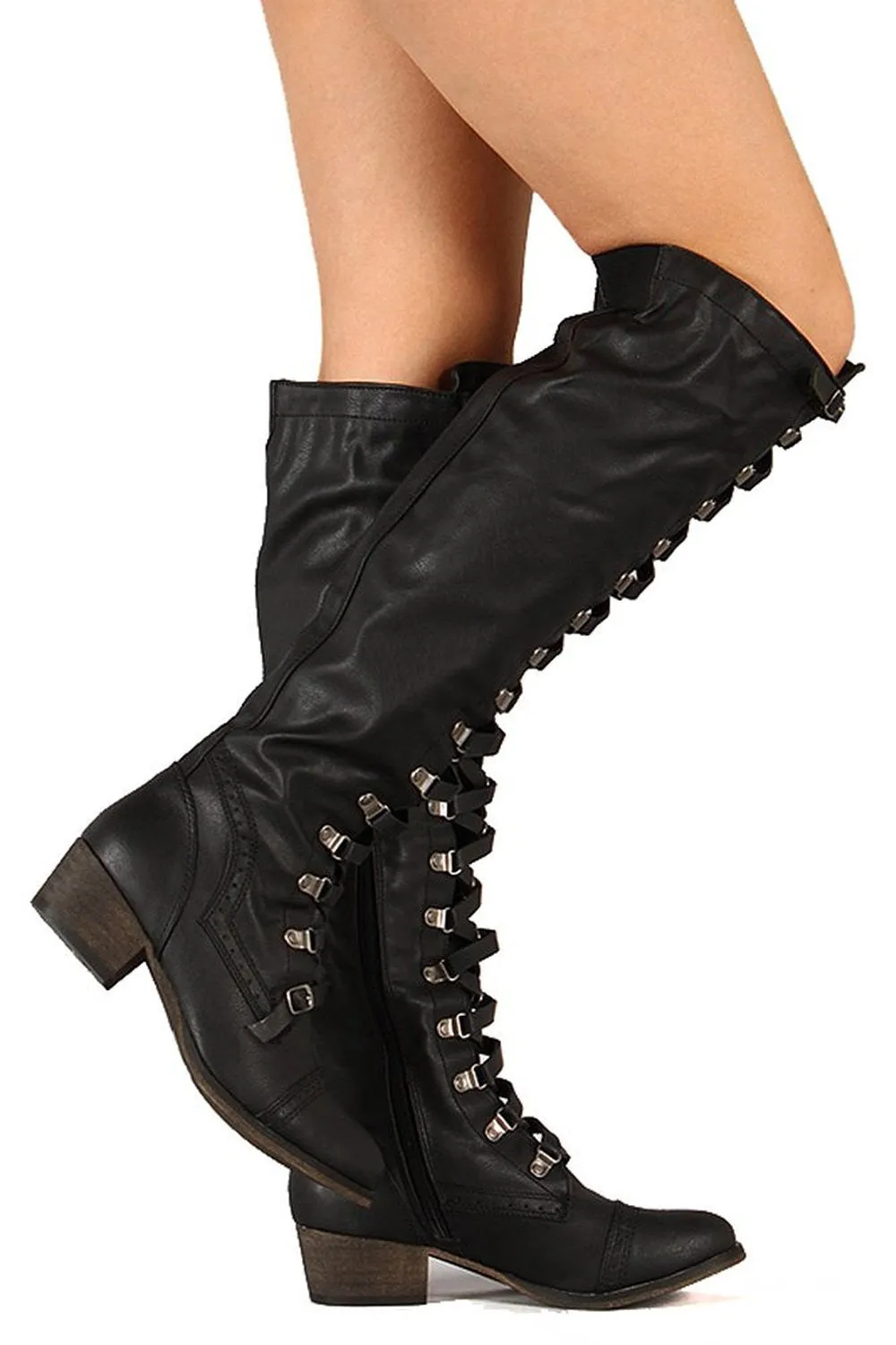 Military Lace Up Over the Knee High Boots Vegan Leather