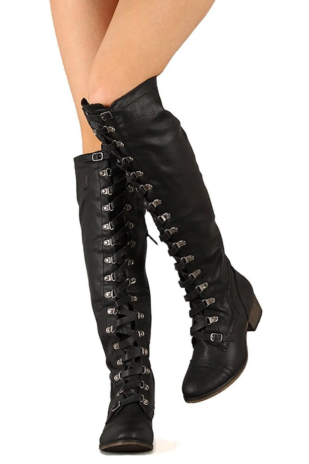 Military Lace Up Over the Knee High Boots Vegan Leather