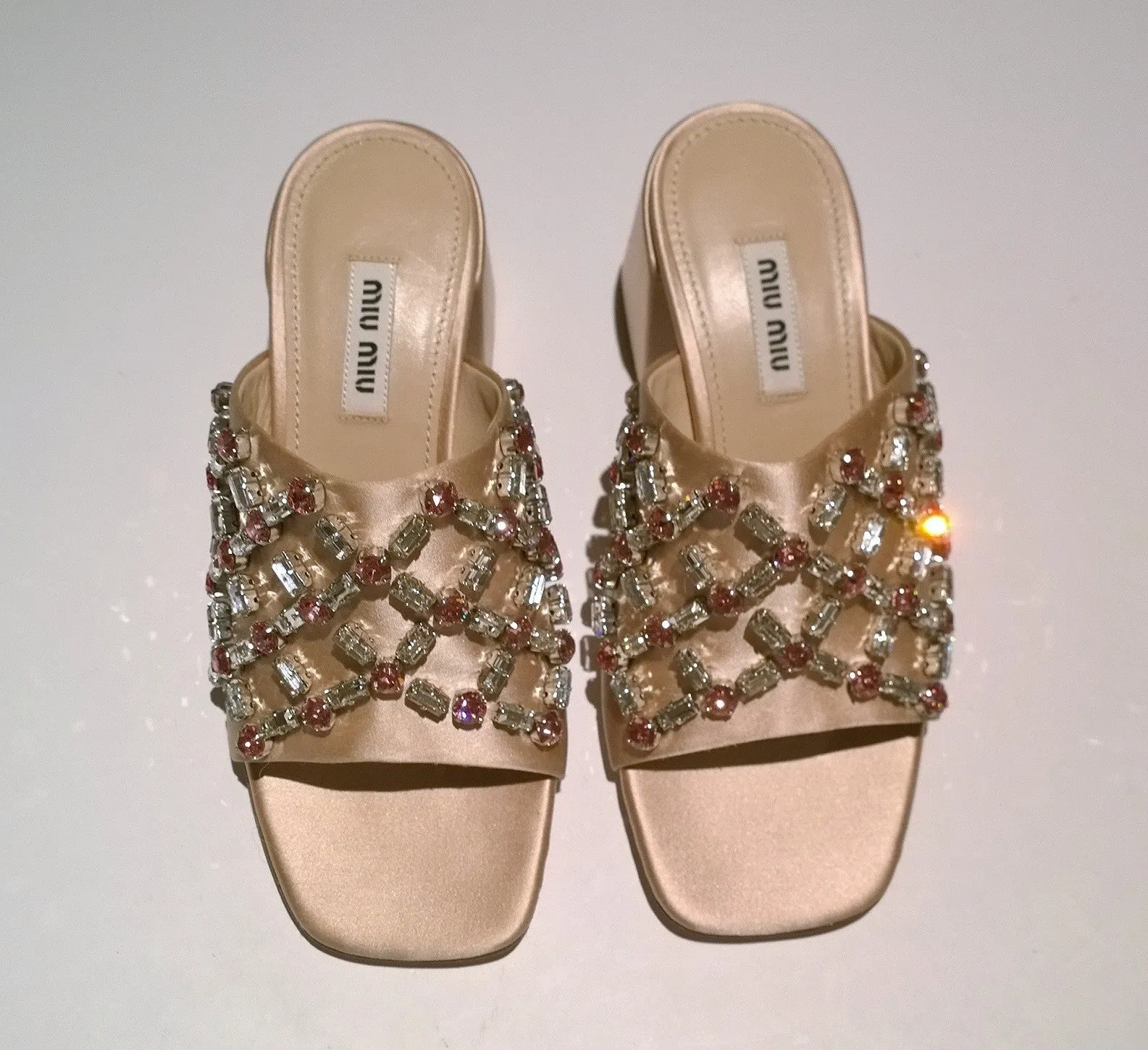 Miu Miu Crystal Sandals 65 Pink Satin Slides Rhinestones