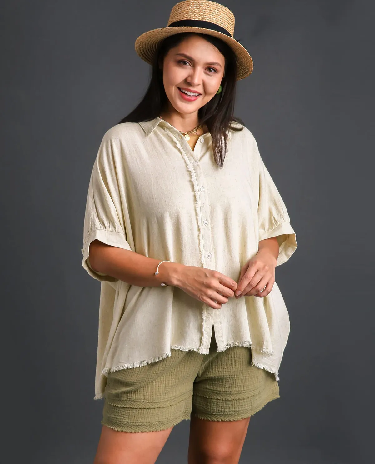 PLUS Linen Boxy Cut Button Down Top with Dolman Sleeves