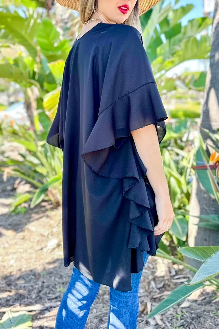 Solid Chiffon Kimono with Ruffled Sleeves- Black